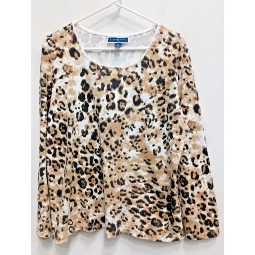 Karen Scott Top Womens XL Brown White Animal Print Long Sleeve Casual Staple
